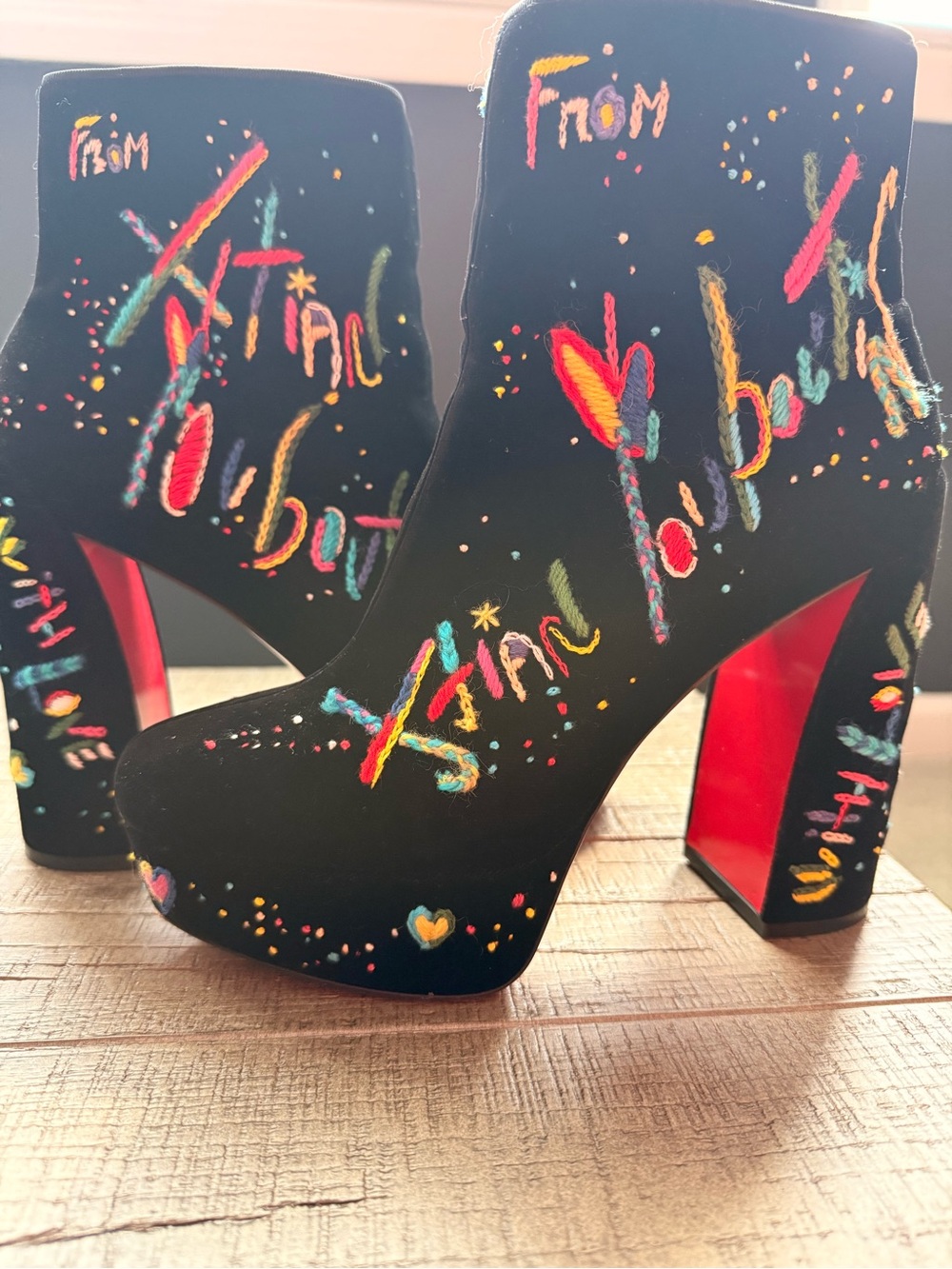 Christian Louboutin Black Suede Platform Ankle Boots with Multicolor Embroidery